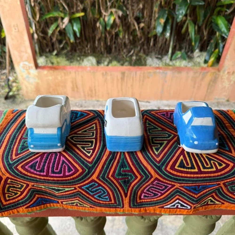 Set of 3 Ceramic RV‎ Camper Planters Blue White Vintage Style